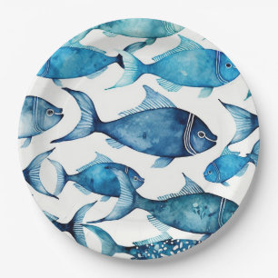 Watercolor blue navy fish pattern. Nautical animal Paper Plate