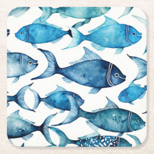 Watercolor blue navy fish pattern. Nautical animal Square Paper Coaster