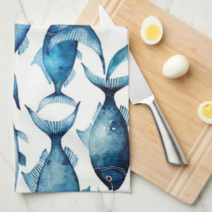 Watercolor blue navy fish pattern. Nautical animal Tea Towel