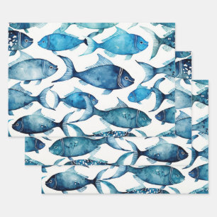 Watercolor blue navy fish pattern. Nautical animal Wrapping Paper Sheet