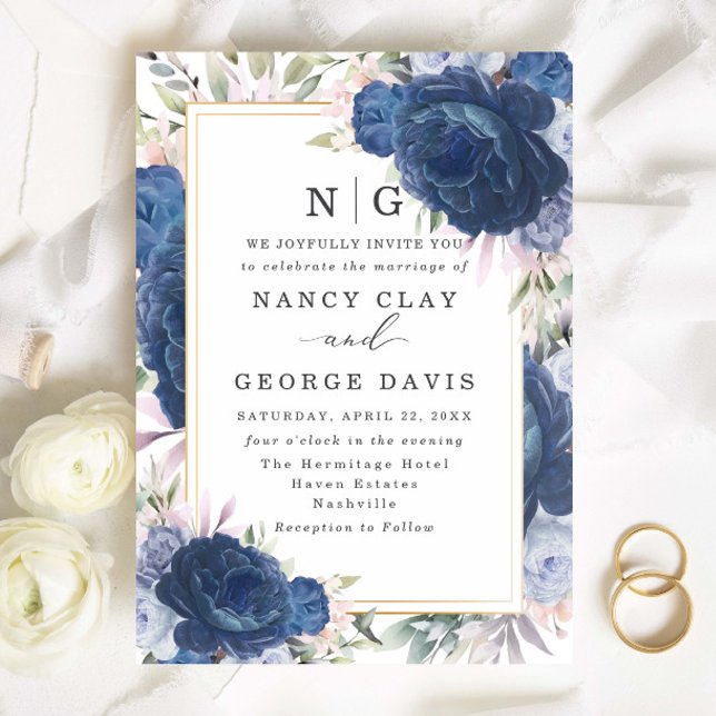 Watercolor Blue & Navy Floral Monogram Wedding Invitation (Creator Uploaded)