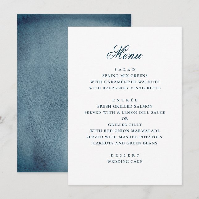 Watercolor blue navy simple nautical wedding menu (Front/Back)