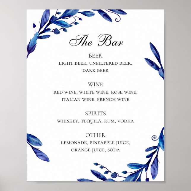 Watercolor blue navy wedding alcohol drinks bar poster (Front)
