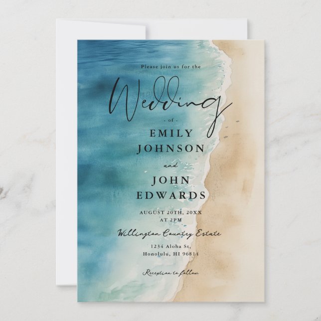 Watercolor Blue Ocean Beach Sand Wedding Invitation (Front)