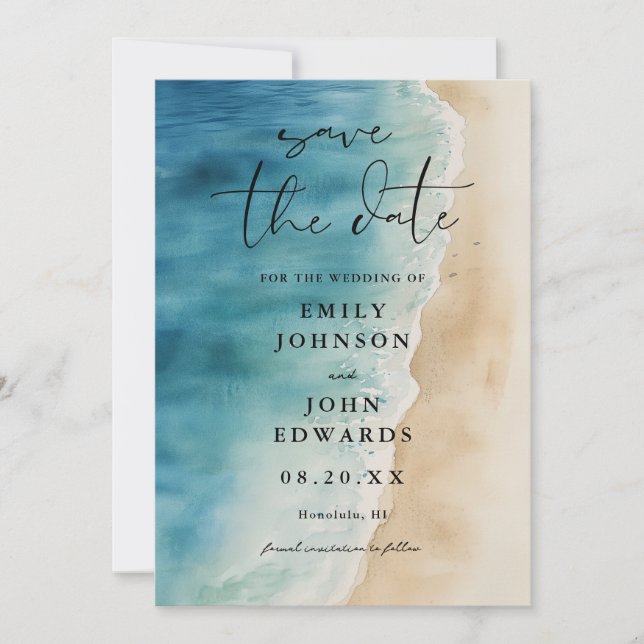 Watercolor Blue Ocean Beach Sand Wedding Save The Date (Front)