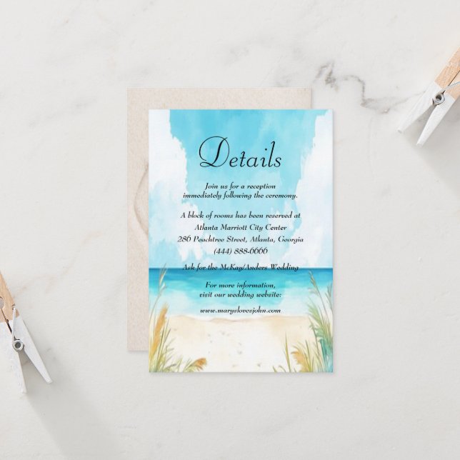 Watercolor Blue Ocean Beach Wedding Details Card (Front/Back In Situ)