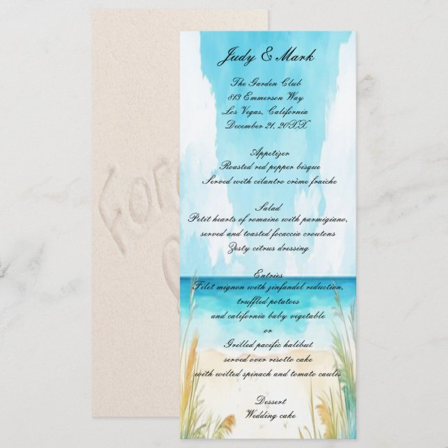 Watercolor Blue Ocean Beach Wedding Menu (Front/Back)