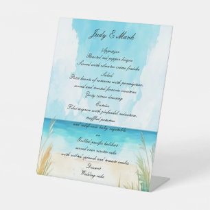 Watercolor Blue Ocean Beach Wedding Menu Pedestal Sign