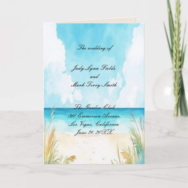 Watercolor Blue Ocean Beach Wedding Programme (Front)