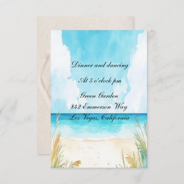 Watercolor Blue Ocean Beach Wedding Reception Card (Front/Back)