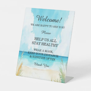 Watercolor Blue Ocean Beach Wedding Safety Measure Pedestal Sign