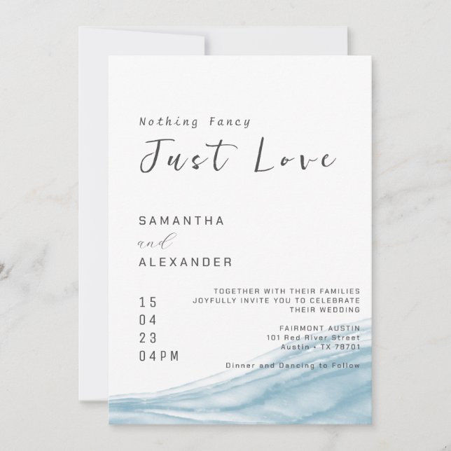 Watercolor Blue Ocean Casual Coastal Beach Wedding Invitation (Front)