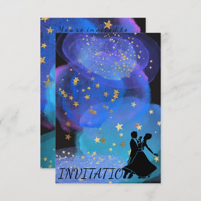 Watercolor Blue Ocean Night Sky Starry Dance Party Invitation (Front/Back)
