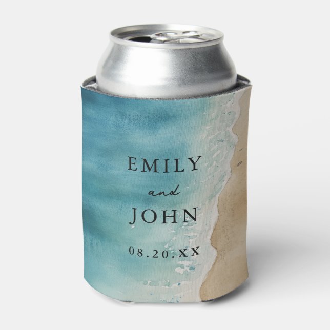 Watercolor Blue Ocean Sand Beach Wedding Can Cooler (Can Front)