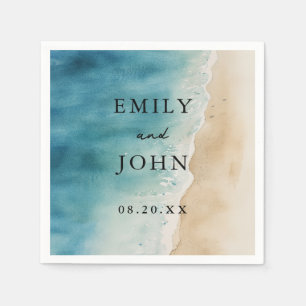 Watercolor Blue Ocean Sand Beach Wedding  Napkin