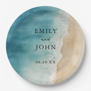 Watercolor Blue Ocean Sand Beach Wedding  Paper Plate
