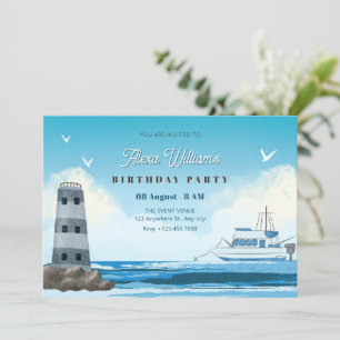 Watercolor blue ocean ship invitation