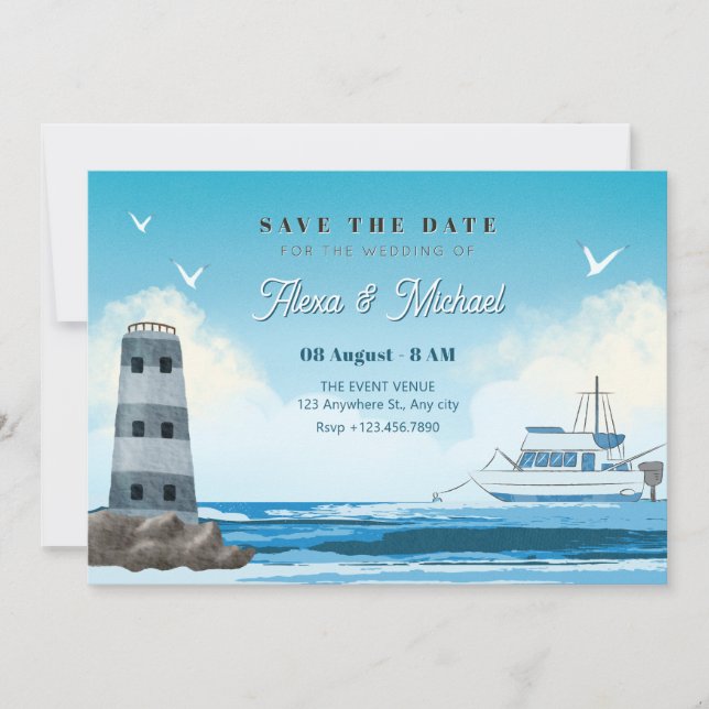 Watercolor blue ocean ship wedding save the date (Front)