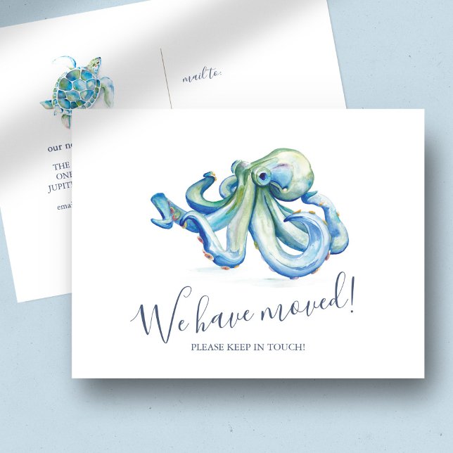 Watercolor Blue Octopus Moving Announcement Postcard (Change of address cards blue octopus and sea turtle. Watercolor art by Victoria Grigaliunas)
