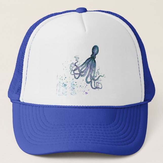 Watercolor Blue Octopus Undersea Animal Art Trucker Hat (Front)