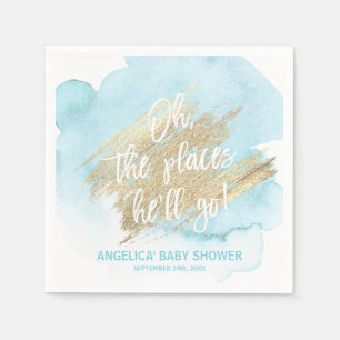 Watercolor Blue Oh the places he'll go Baby Shower Napkin