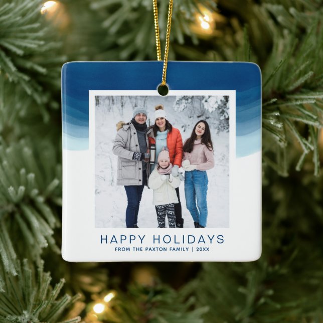 Watercolor Blue Ombre Happy Holiday Ceramic Ornament (Tree)