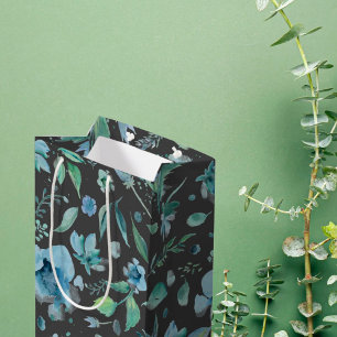 Watercolor Blue on Dark Gray Floral Medium Gift Bag