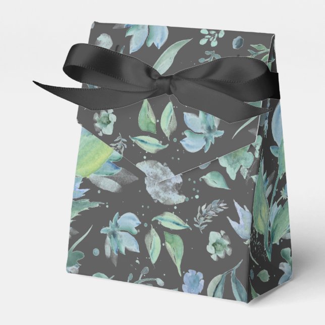 Watercolor Blue on Dark Grey Floral   Favour Box (Front Side)