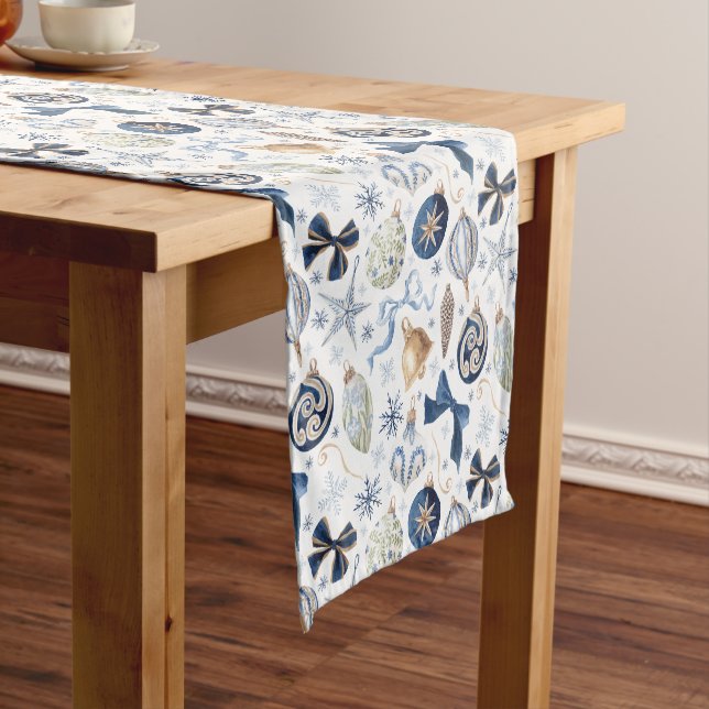 Watercolor Blue Ornaments Christmas Short Table Runner (In Situ)