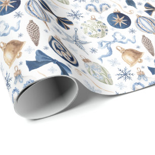 Watercolor Blue Ornaments Christmas Wrapping Paper