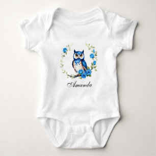 Watercolor Blue Owl and Roses Girly Baby Bodysuit
