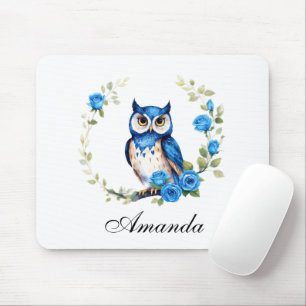 Watercolor Blue Owl and Roses Girly Mouse Pad
