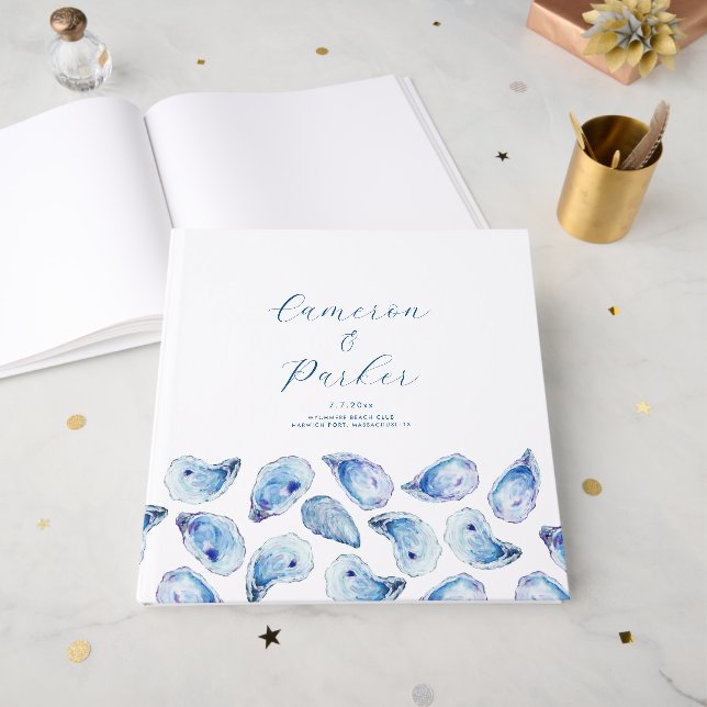 Watercolor Blue Oyster Shell Square Wedding Guest Book (Front Open)