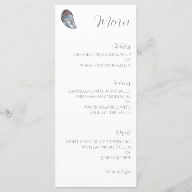Watercolor Blue Oyster Shell Wedding Menu (Front)
