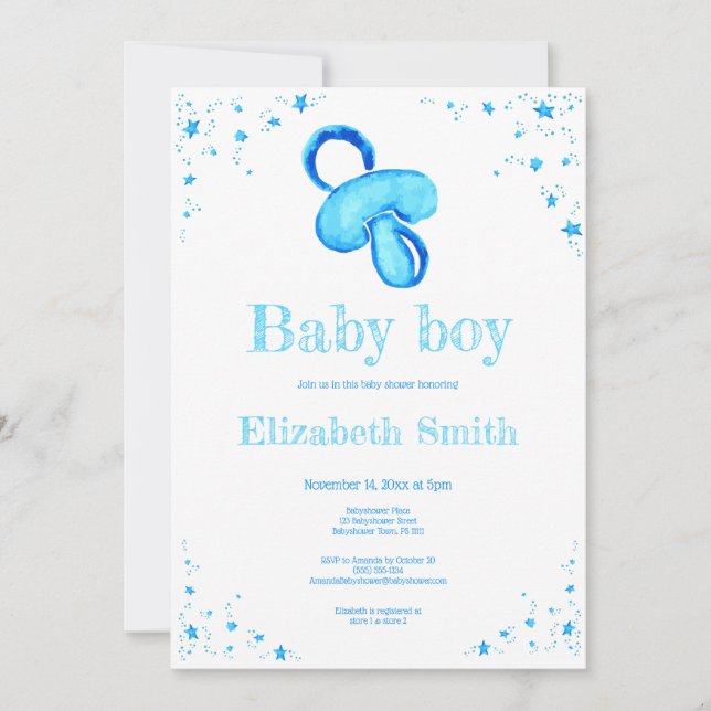 Watercolor blue pacifier baby shower invitation (Front)