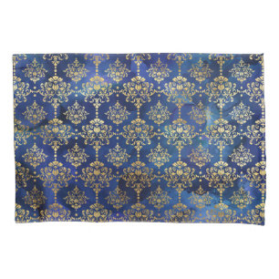 Watercolor Blue Pattern with Gold Damask Pillowcase