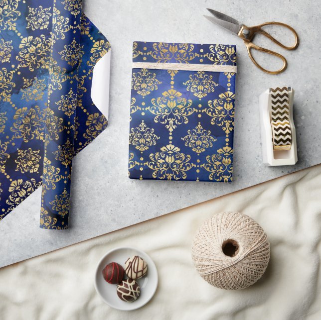 Watercolor Blue Pattern with Gold Damask Wrapping Paper (Crafts)