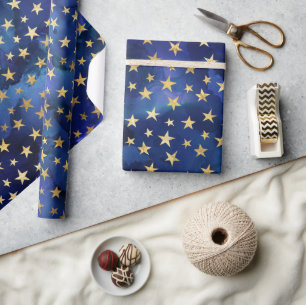 Watercolor Blue Pattern with Gold Stars Wrapping Paper