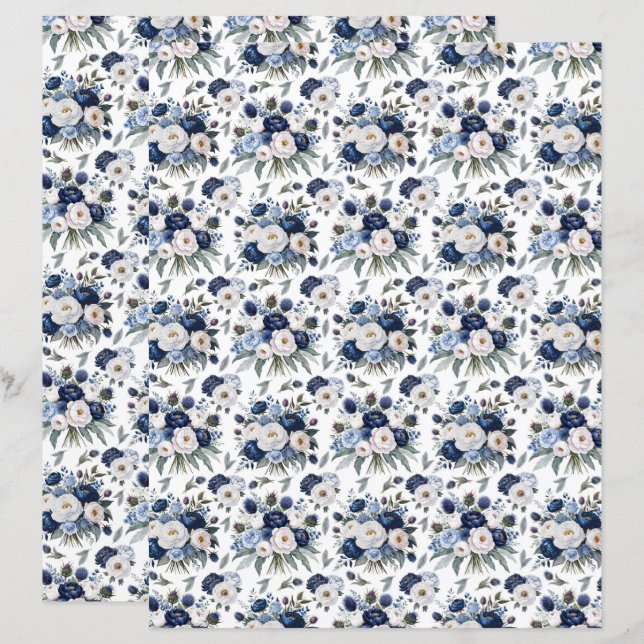 Watercolor Blue Peonies Scrapbook Paper (Front/Back)