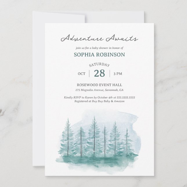 Watercolor Blue Pine Forest Adventure Awaits Invitation (Front)