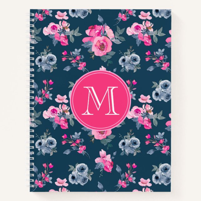 Watercolor Blue Pink Floral Monogram Notebook (Front)