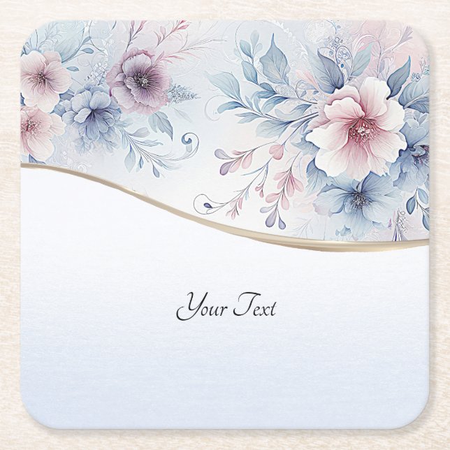 Watercolor Blue Pink Floral Paper Coaster (Front)