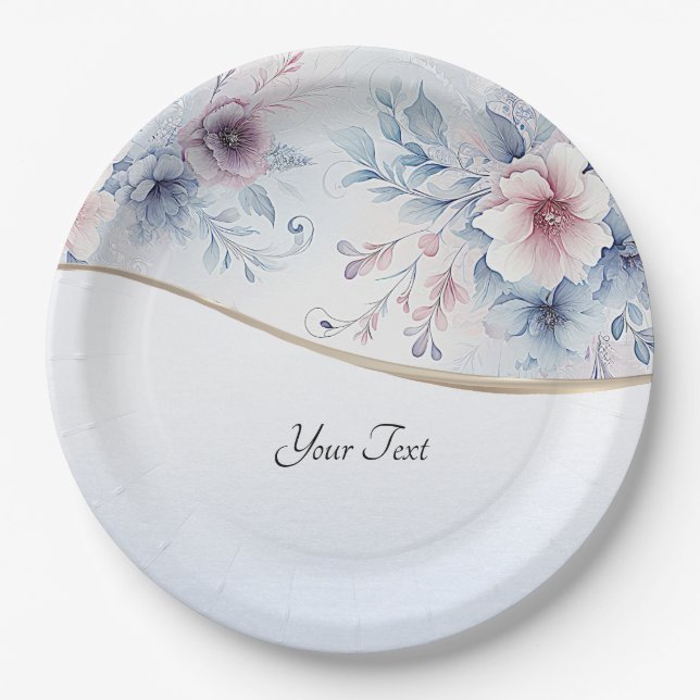 Watercolor Blue Pink Floral Paper Plate (Front)