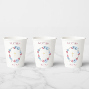 Watercolor Blue & Pink Floral Peony Wreath Cross Paper Cups