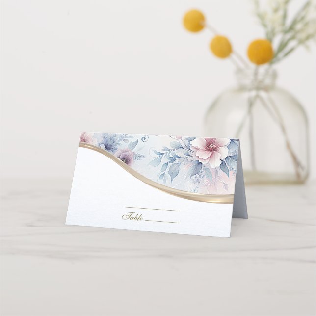 Watercolor Blue Pink Floral Place Card (Front)