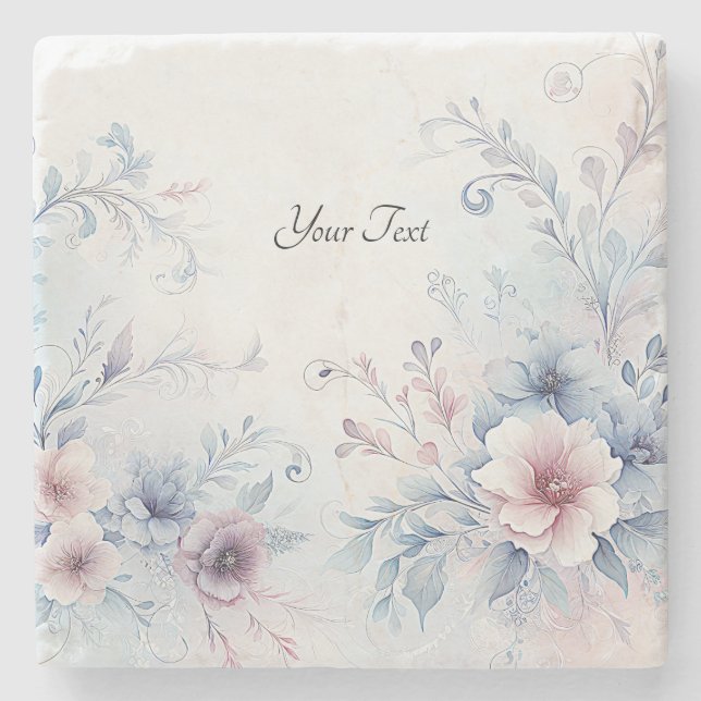 Watercolor Blue Pink Floral Stone Coaster (Front)