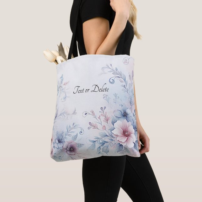 Watercolor Blue Pink Floral Tote Bag (Close Up)