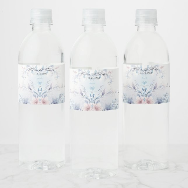 Watercolor Blue Pink Floral Water Bottle Label (Bottles)