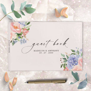 Watercolor Blue Pink Floral Wedding Guestbook