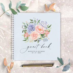 Watercolor Blue Pink Floral Wedding Guestbook Notebook